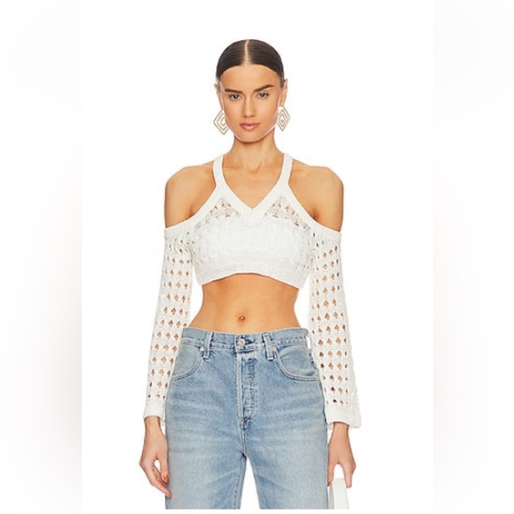 NBD Marcella Open Cable Cropped Pullover in White